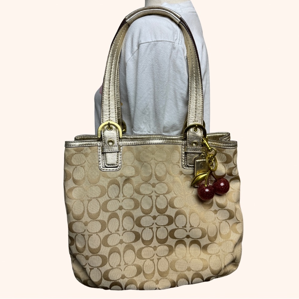 Coach Soho Signature Brown Champagne Gold Leather Trim Tote
